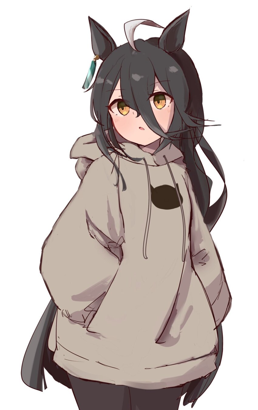 1girl ahly_kisaka_enaayateii animal_ears antenna_hair black_hair ear_ornament ear_tag earrings eyelashes hair_between_eyes highres hood hoodie horse_ears horse_girl izi_dw jewelry long_hair long_sleeves looking_to_the_side manhattan_cafe_(umamusume) sidelocks simple_background solo umamusume very_long_hair yellow_eyes