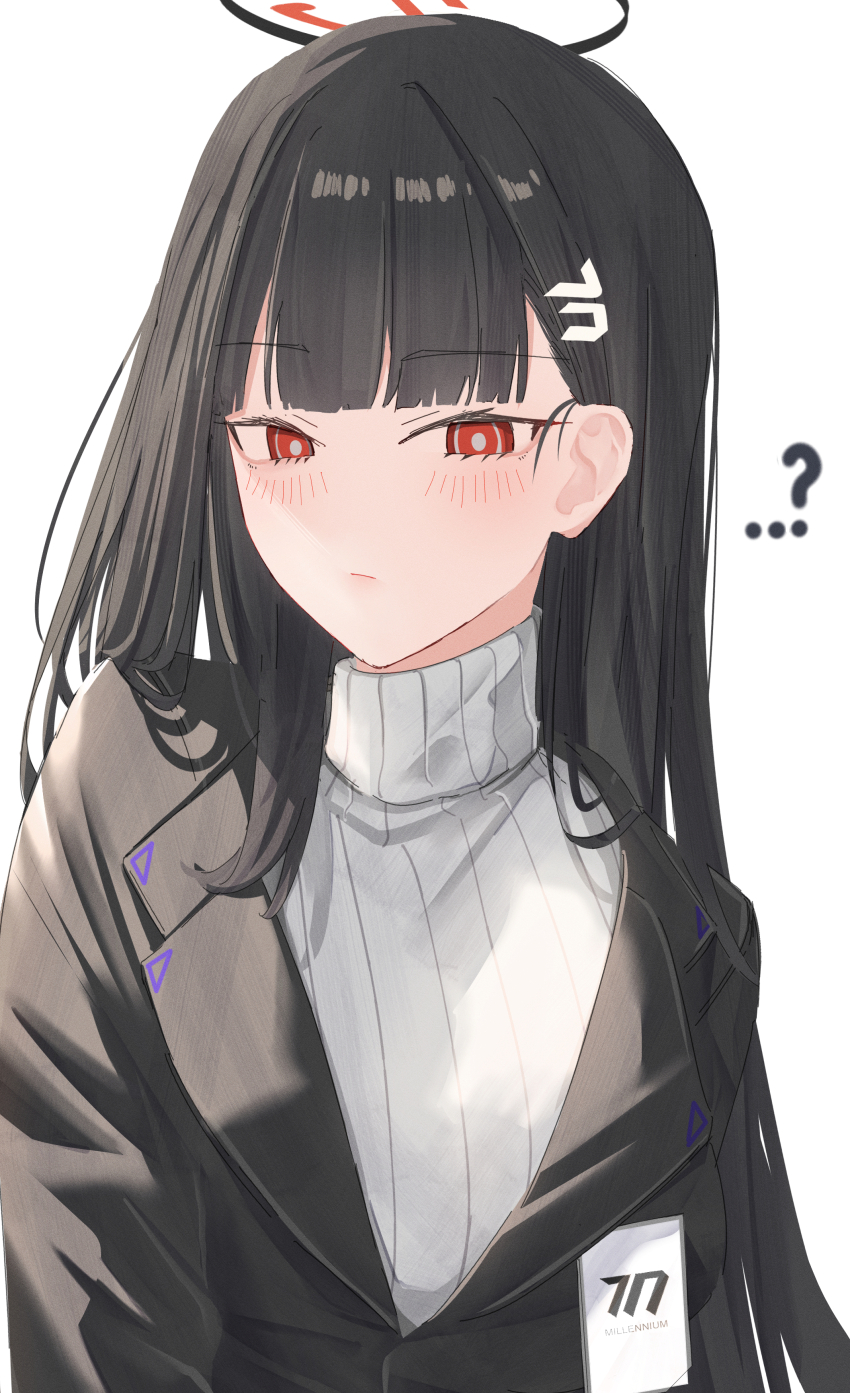 ...? 1girl absurdres black_hair blazer blue_archive blunt_bangs blush hair_ornament hairclip halo highres jacket leonardo_566 long_hair looking_at_viewer red_eyes ringed_eyes rio_(blue_archive) simple_background solo sweater turtleneck turtleneck_sweater white_background