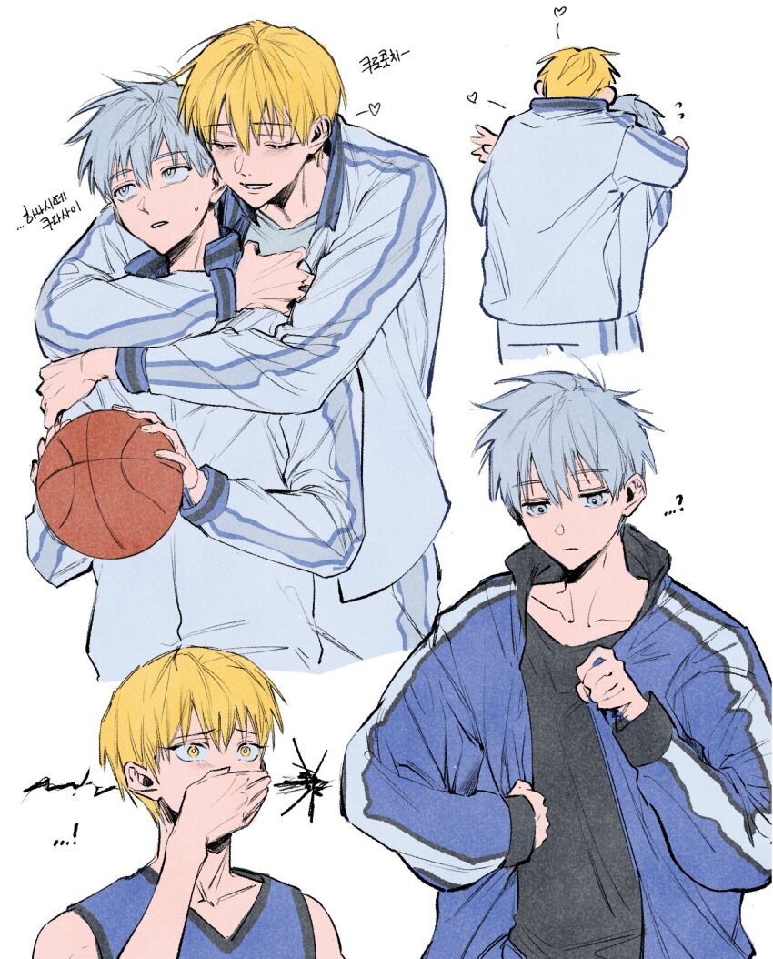 2boys basketball_jersey basketball_uniform black_shirt blonde_hair blue_eyes blue_hair blue_jacket blue_shirt highres hug hug_from_behind jacket kise_ryouta korean_text kuroko_no_basuke kuroko_tetsuya light_blue_hair m_m_pb male_focus multiple_boys pants shirt sportswear sweatdrop track_jacket track_pants upper_body yellow_eyes
