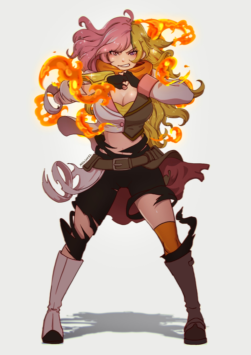 1girl absurdres asymmetrical_footwear black_pants blonde_hair boots breasts brown_boots brown_jacket cleavage clenched_hands commentary commission english_commentary fire fusion grey_background grey_jacket grey_skirt heterochromia highres jacket large_breasts looking_at_viewer magion02 mismatched_footwear multicolored_hair neopolitan_(rwby) pants pink_eyes pink_hair purple_eyes rwby shadow skirt solo split-color_hair straight-on transformation v-shaped_eyebrows white_boots yang_xiao_long
