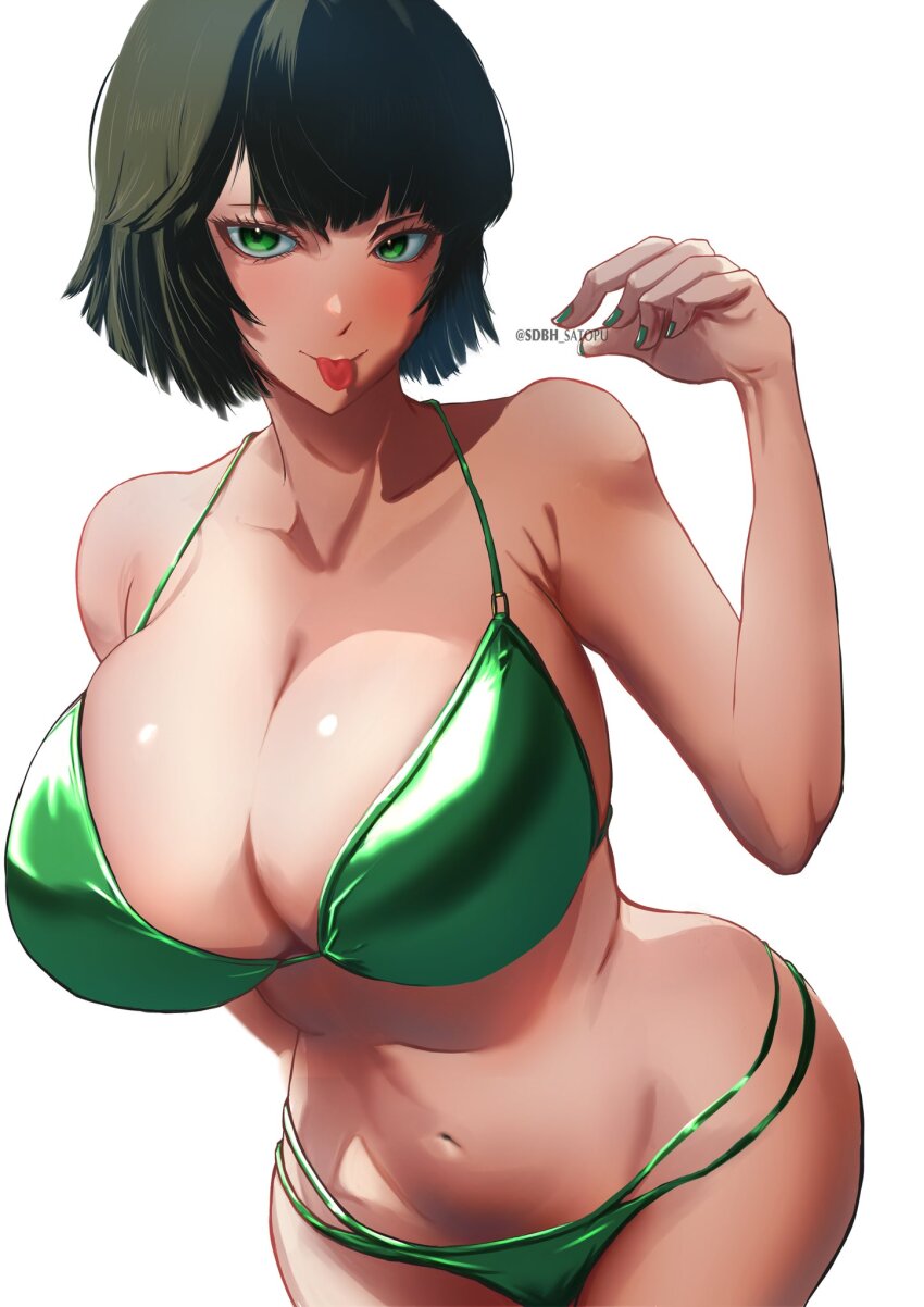 1girl bikini black_hair bob_cut breasts cleavage collarbone fubuki_(one-punch_man) green_bikini green_eyes green_nails highres large_breasts looking_at_viewer navel one-punch_man satin_bikini satopuu shiny_swimsuit short_hair simple_background skindentation smile solo stomach string_bikini swimsuit thighs twitter_username white_background