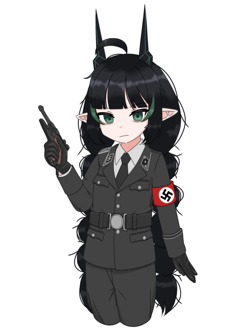 1girl armband belt black_belt black_cat03 black_gloves black_hair black_horns black_jacket black_necktie black_pants braid closed_mouth collared_shirt cuff_title elf elfinpsyop gloves green_eyes green_hair gun handgun highres holding holding_gun holding_weapon horns indie_virtual_youtuber jacket long_hair looking_at_viewer military_jacket multicolored_hair nazi necktie pants pointy_ears red_armband shirt simple_background solo ss_insignia ss_uniform streaked_hair swastika twin_braids virtual_youtuber waffen-ss weapon white_background white_shirt