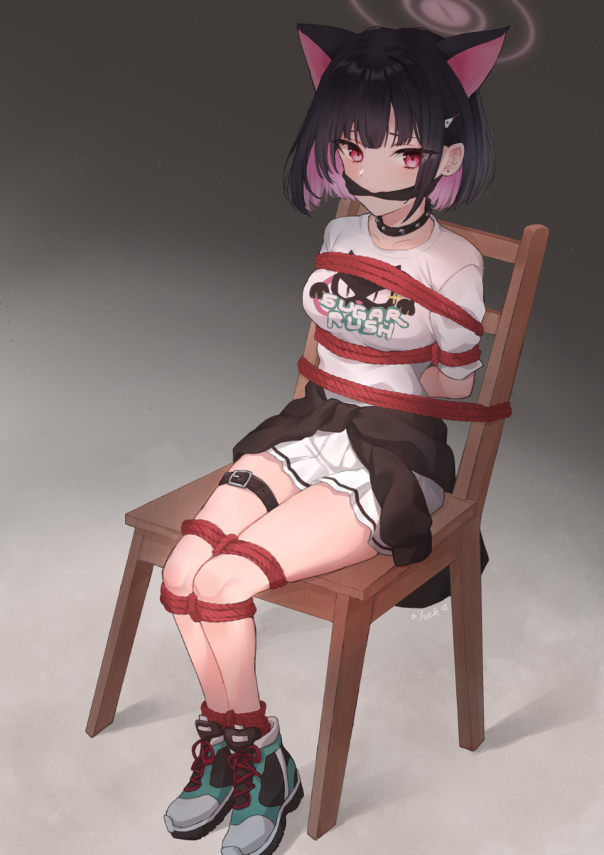 1girl animal_ears bdsm blue_archive bondage bound cat_ears cleave_gag cloth_gag commission gag gagged highres hina-a-meko improvised_gag kazusa_(band)_(blue_archive) kazusa_(blue_archive) looking_at_viewer multicolored_hair red_eyes red_rope restrained rope shibari shirt sitting skeb_commission solo thigh_strap tied_to_chair two-tone_hair white_shirt