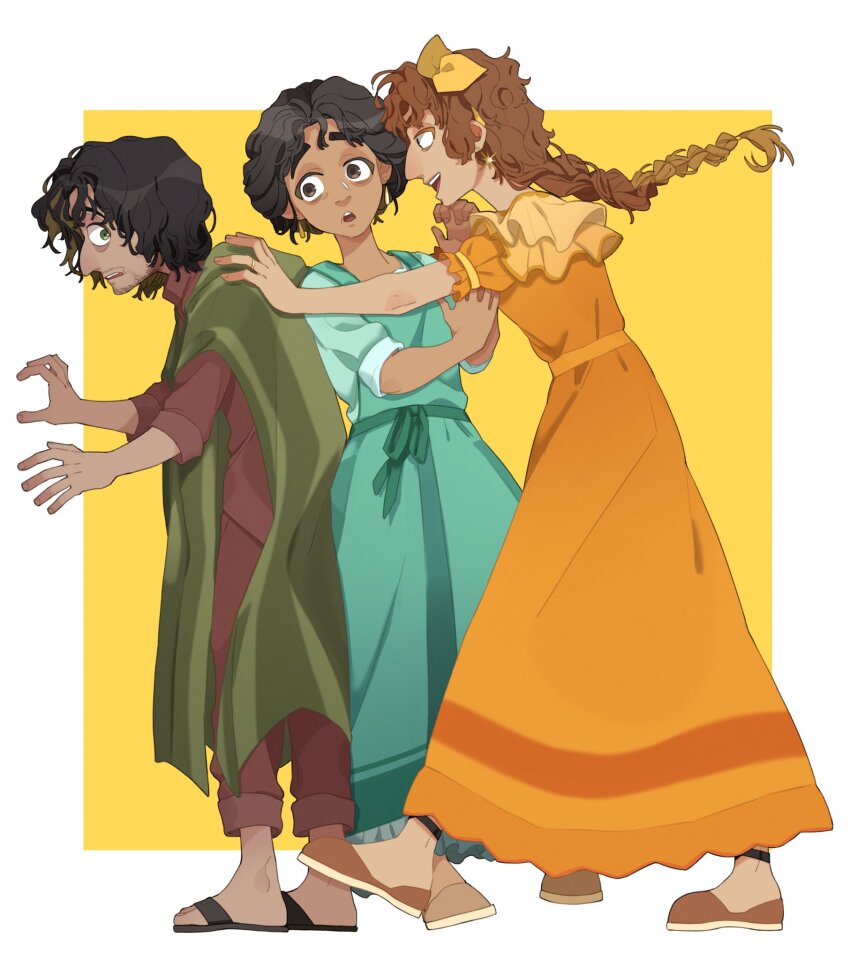 1boy 2girls black_footwear black_hair blue_dress braid brother_and_sister brown_eyes brown_footwear brown_hair bruno_madrigal colombian_clothes dark-skinned_female dark-skinned_male dark_skin dress earrings encanto facial_hair green_eyes green_poncho hand_on_another&#039;s_shoulder highres jewelry julieta_madrigal long_hair looking_at_another messy_hair multiple_girls open_mouth pale_skin pepa_madrigal poncho sandals shoes short_hair siblings sisters smile sun_earrings surprised sweetp247 thick_eyebrows yellow_dress