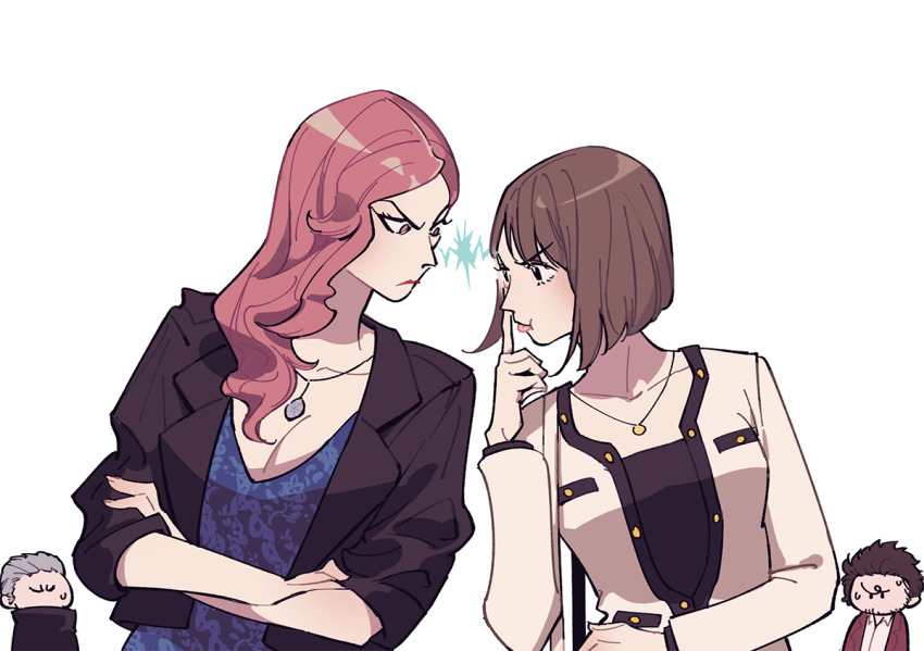 2boys 2girls akanbe black_jacket blue_shirt breasts brown_eyes brown_hair chibi cho_(chorion) cleavage collarbone crossed_arms eyelid_pull frown han_joon-gi hand_up jacket jewelry kasuga_ichiban large_breasts lightning_glare long_hair long_sleeves medium_breasts mukoda_saeko multiple_boys multiple_girls necklace profile red_hair ryuu_ga_gotoku_(series) ryuu_ga_gotoku_7 seonhee shirt sleeves_rolled_up tongue tongue_out v-shaped_eyebrows white_background white_jacket