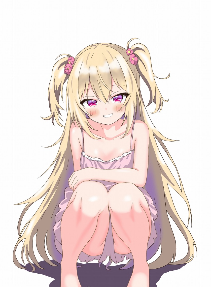 1girl bare_arms bare_shoulders barefoot blonde_hair blush breasts collarbone dress flower frilled_dress frills grin hair_between_eyes hair_flower hair_ornament highres inusoku knees_together_feet_apart long_hair looking_at_viewer multicolored_hair original pink_dress pink_flower purple_hair red_eyes short_dress simple_background sleeveless sleeveless_dress small_breasts smile solo spaghetti_strap squatting sundress two_side_up very_long_hair white_background