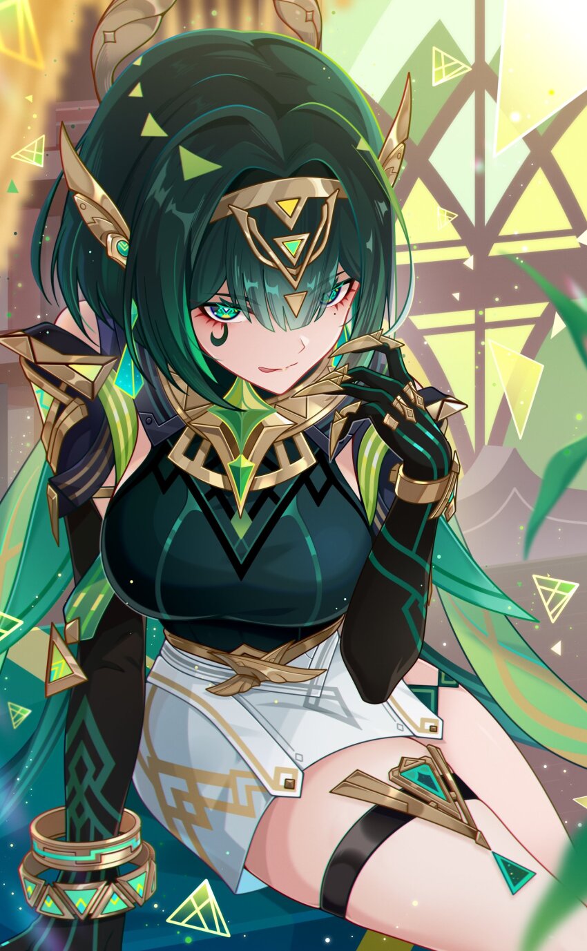 1girl absurdres ancient_egyptian_clothes black_gloves bracelet breasts claw_ring commentary_request ear_covers elbow_gloves eyes_visible_through_hair facial_mark gem genshin_impact gloves green_eyes green_gemstone green_hair hair_between_eyes hairband hand_rest headgear highres jewelry large_breasts looking_at_viewer m-1ng mole mole_under_eye nefer_(genshin_impact) short_hair sitting solo thigh_strap tongue tongue_out