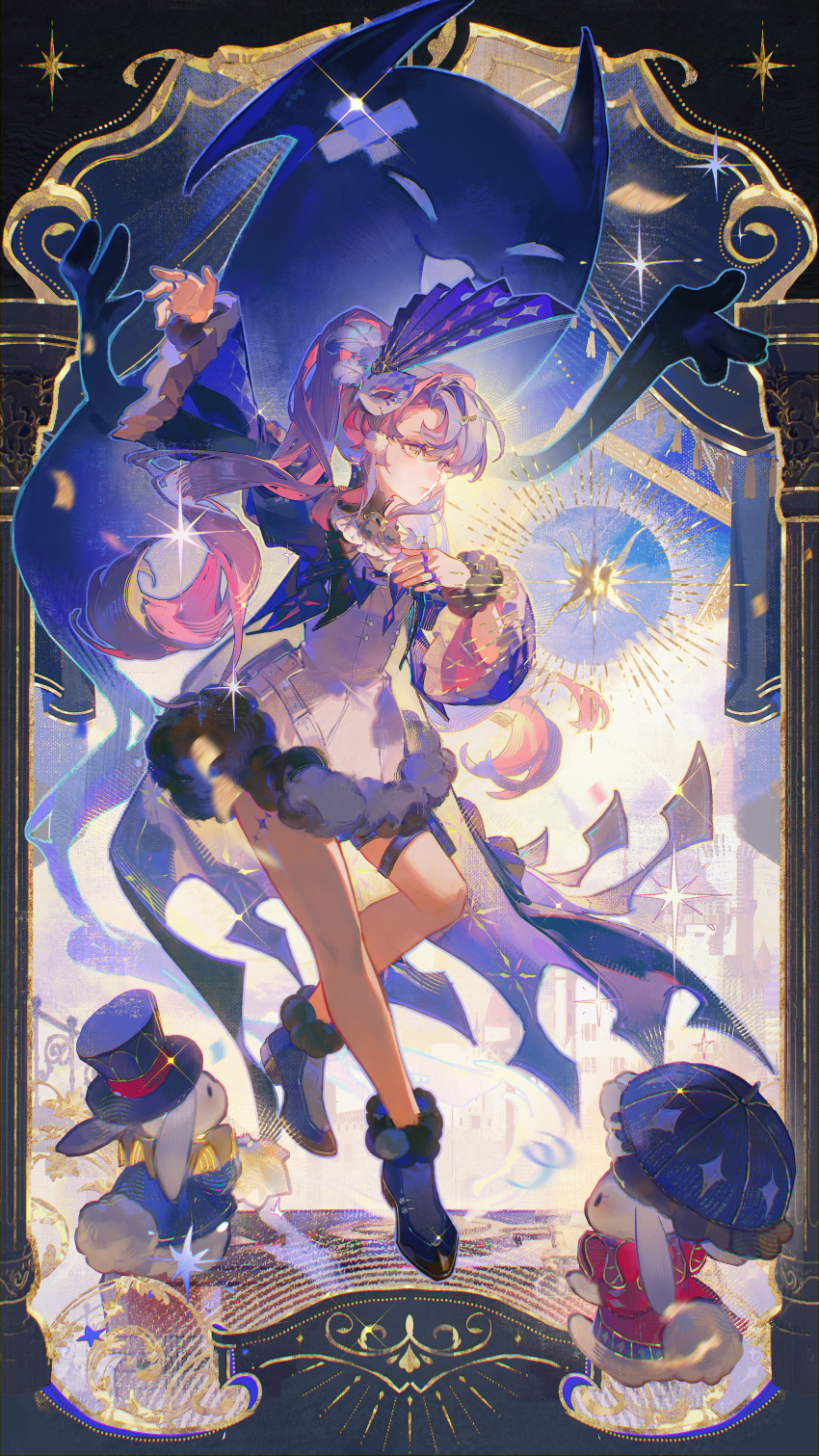 1girl absurdres bare_legs boots chinese_commentary commentary_request copyright_notice dress eye_mask full_body fur-trimmed_dress fur_trim hand_up highres jewelry legs logo looking_ahead mask mask_on_head multicolored_hair multiple_rings niukou_kouzi official_art pero_(wuthering_waves) pink_hair purple_boots purple_hair ring roccia_(wuthering_waves) solo tacet_discord_(wuthering_waves) tacet_mark_(wuthering_waves) two-tone_hair white_dress wuthering_waves yellow_eyes