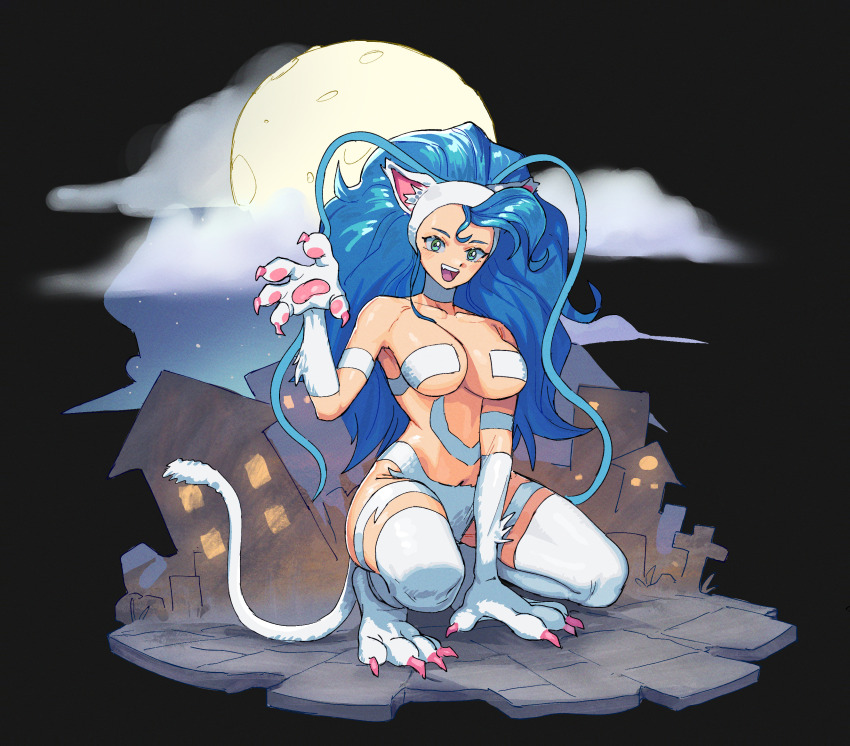 1girl :d animal_ear_fluff animal_ear_hairband animal_ears animal_hands arm_strap arm_support armpits bare_shoulders between_legs big_hair bikini bikini_bottom_only black_background blue_hair body_fur breasts cat_ear_hairband cat_ears cat_girl cat_paws cat_tail choker cityscape claw_pose claws cloud cloudy_sky collarbone commentary curled_tail dark-skinned_female dark_skin darkstalkers diorama dot_nose elbow_gloves english_commentary fake_animal_ears fang felicia_(darkstalkers) full_body full_moon fur_bikini fur_gloves fur_thigh_strap fur_thighhighs gloves green_eyes grin hairband hand_between_legs hand_on_ground hand_up happy head_tilt highres large_breasts legs_apart legs_folded long_eyelashes long_hair long_sidelocks looking_at_viewer matheus_felipe messy_hair moon navel night night_sky on_ground open_mouth outdoors parted_bangs pavement paw_gloves paw_shoes pawpads pink_claws pink_nails sidelocks simple_background single_sidelock sky smile solo squatting star_(sky) starry_sky swimsuit tail teeth thick_eyelashes thick_thighs thigh_strap thighhighs thighs tiptoes toe_claws upper_teeth_only v-shaped_eyebrows very_long_hair white_bikini white_choker white_fur white_hairband white_tail white_thighhighs wide_hips
