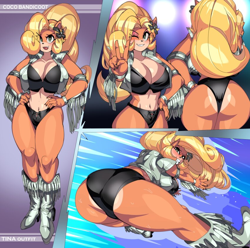 1girl absurdres ass black_bra black_panties blonde_hair boots bra breasts captain_kirb cleavage coco_bandicoot cosplay cowboy_boots crash_bandicoot_(series) curvy dead_or_alive flower furry furry_female green_eyes hair_flower hair_ornament highres midriff one_eye_closed panties ponytail shiny_clothes smile thong tina_armstrong tina_armstrong_(cosplay) underwear vest wink wrestling_outfit
