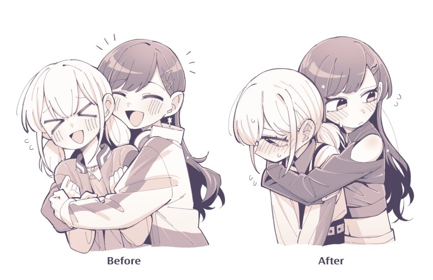 &gt;_&lt; 2girls absurdres azusawa_kohane before_and_after blush clothing_cutout commentary_request ear_blush flying_sweatdrops greyscale hair_ornament hairclip highres hug hug_from_behind jacket korean_commentary long_hair long_sleeves midriff monochrome multiple_girls neonfloyd open_mouth project_sekai shiraishi_an short_twintails shoulder_cutout smile sweatdrop twintails upper_body yuri
