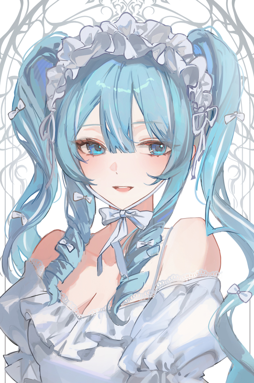 1girl arahashi_tabi bare_shoulders blue_eyes blue_hair breasts chaerom cleavage dress drill_hair hair_between_eyes highres long_hair looking_at_viewer parted_lips solo stellive teeth twin_drills two_side_up upper_teeth_only virtual_youtuber white_dress white_headdress
