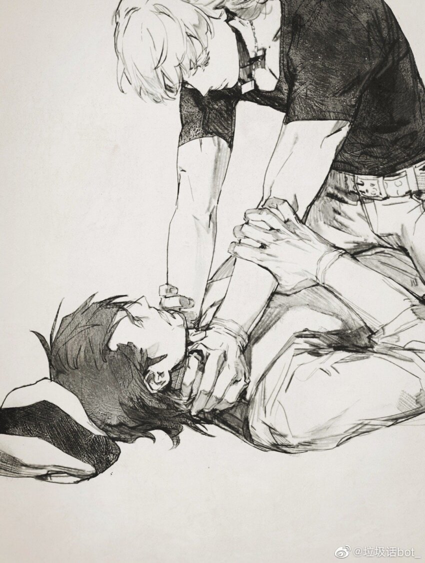 2boys asphyxiation barnaby_brooks_jr. closed_mouth creamyghost gloves grabbing_another&#039;s_arm greyscale hat highres jewelry kaburagi_t._kotetsu lying male_focus monochrome multiple_boys necklace on_back shirt short_hair short_sleeves simple_background straddling tiger_&amp;_bunny unworn_hat unworn_headwear yaoi