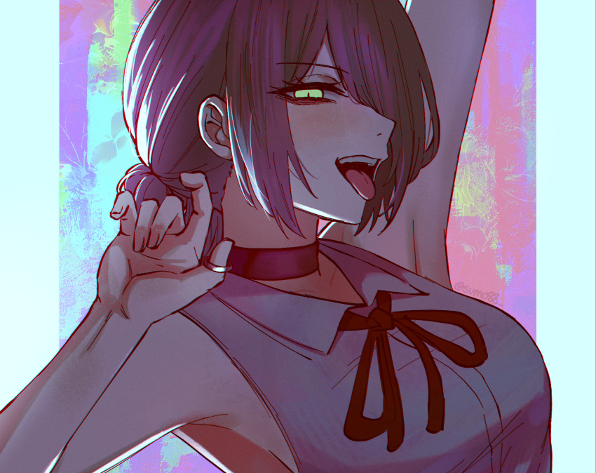 1girl arm_up black_ribbon chainsaw_man choker green_eyes grenade_pin grey_shirt hair_over_one_eye highres neck_ribbon open_mouth purple_choker purple_hair reze_(chainsaw_man) ribbon shirt sleeveless sleeveless_shirt solo sumosumo teeth tongue tongue_out upper_teeth_only