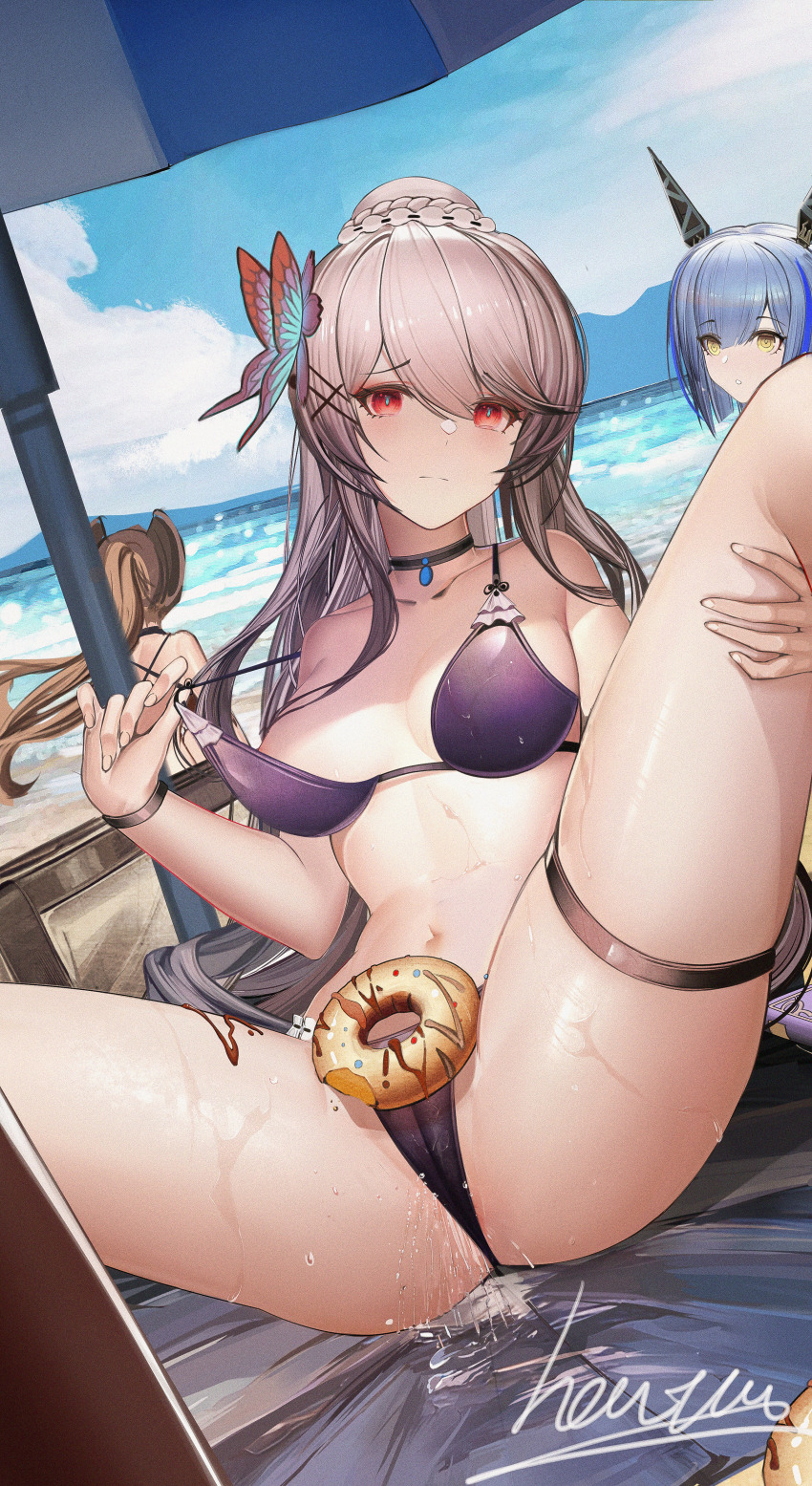 3girls absurdres azur_lane beach bikini black_choker blue_hair blush breasts brown_hair butterfly_hair_ornament cameltoe chinese_commentary choker cleavage closed_mouth collarbone commentary_request day donut dunkerque_(azur_lane) dunkerque_(summer_sucre)_(azur_lane) food food_on_body gascogne_(azur_lane) hair_ornament heatia highres jean_bart_(azur_lane) jean_bart_(private_apres_midi)_(azur_lane) large_breasts long_hair looking_at_viewer medium_breasts multiple_girls navel official_alternate_costume outdoors parasol parted_lips purple_bikini pussy_juice red_eyes revision signature sitting solo_focus spread_legs swimsuit thigh_strap thighs umbrella water wet yellow_eyes
