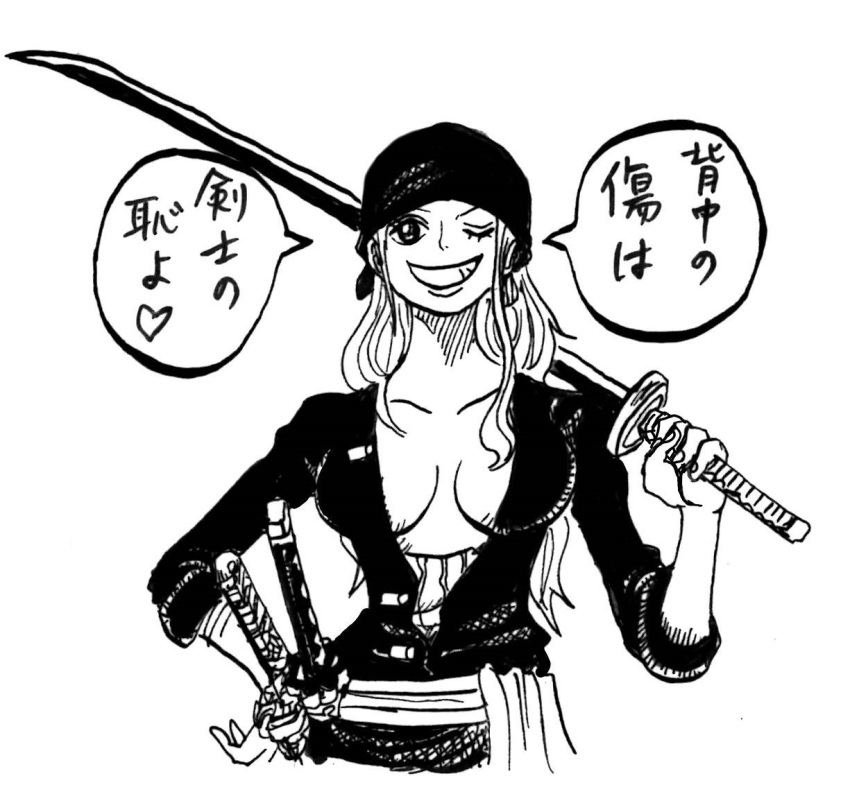 1girl bandana breasts cleavage cosplay eyelashes happy japanese_clothes katana long_hair looking_at_viewer medium_breasts monochrome nami_(one_piece) nishiponi one_eye_closed one_piece roronoa_zoro roronoa_zoro_(cosplay) simple_background sketch smile solo speech_bubble standing sword translation_request weapon white_background