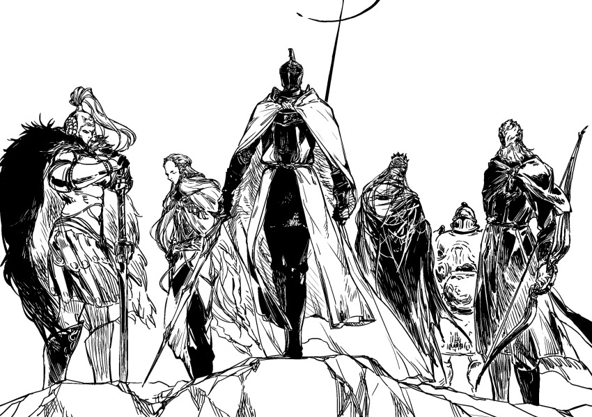 2girls 4boys armor boots bow_(weapon) cape cloak elden_ring elden_ring:_shadow_of_the_erdtree full_body fur_cape gauntlets greaves greyscale helmet highres holding holding_bow_(weapon) holding_sword holding_weapon hornsent_(elden_ring) mask monochrome moore_(elden_ring) multiple_boys multiple_girls needle_knight_leda planted planted_sword planted_weapon plume redmane_freyja riio robe simple_background sir_ansbach sketch skirt standing surcoat sword thiollier_(elden_ring) weapon