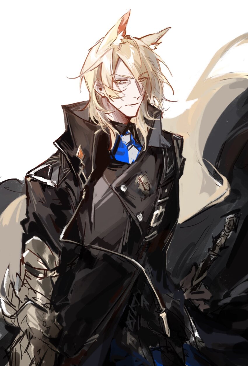 1boy animal_ears arknights black_coat blonde_hair blue_shirt coat collared_shirt cowboy_shot frown hair_over_one_eye high_collar highres horse_boy horse_ears horse_tail looking_at_viewer male_focus mlynar_(arknights) neckerchief porilas2 sheath sheathed shirt short_hair sketch solo sword tail weapon white_neckerchief