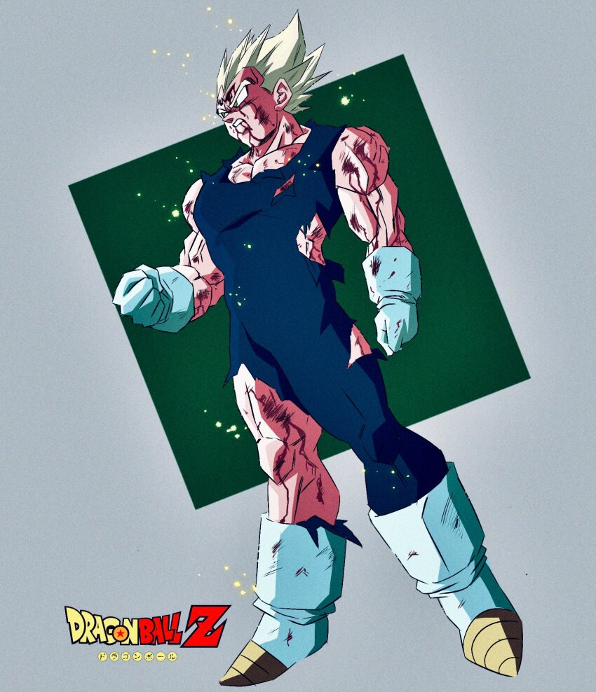 1boy battle_damage blonde_hair blood blood_on_face blue_bodysuit bodysuit boots clenched_hand collarbone copyright_name dragon_ball dragonball_z dutch_angle full_body gloves highres injury light_particles majin_vegeta male_focus muscular muscular_male oharu2000 serious simple_background sleeveless solo super_saiyan super_saiyan_2 toriyama_akira_(style) torn_bodysuit torn_cloth torn_clothes vegeta veins white_gloves widow&#039;s_peak
