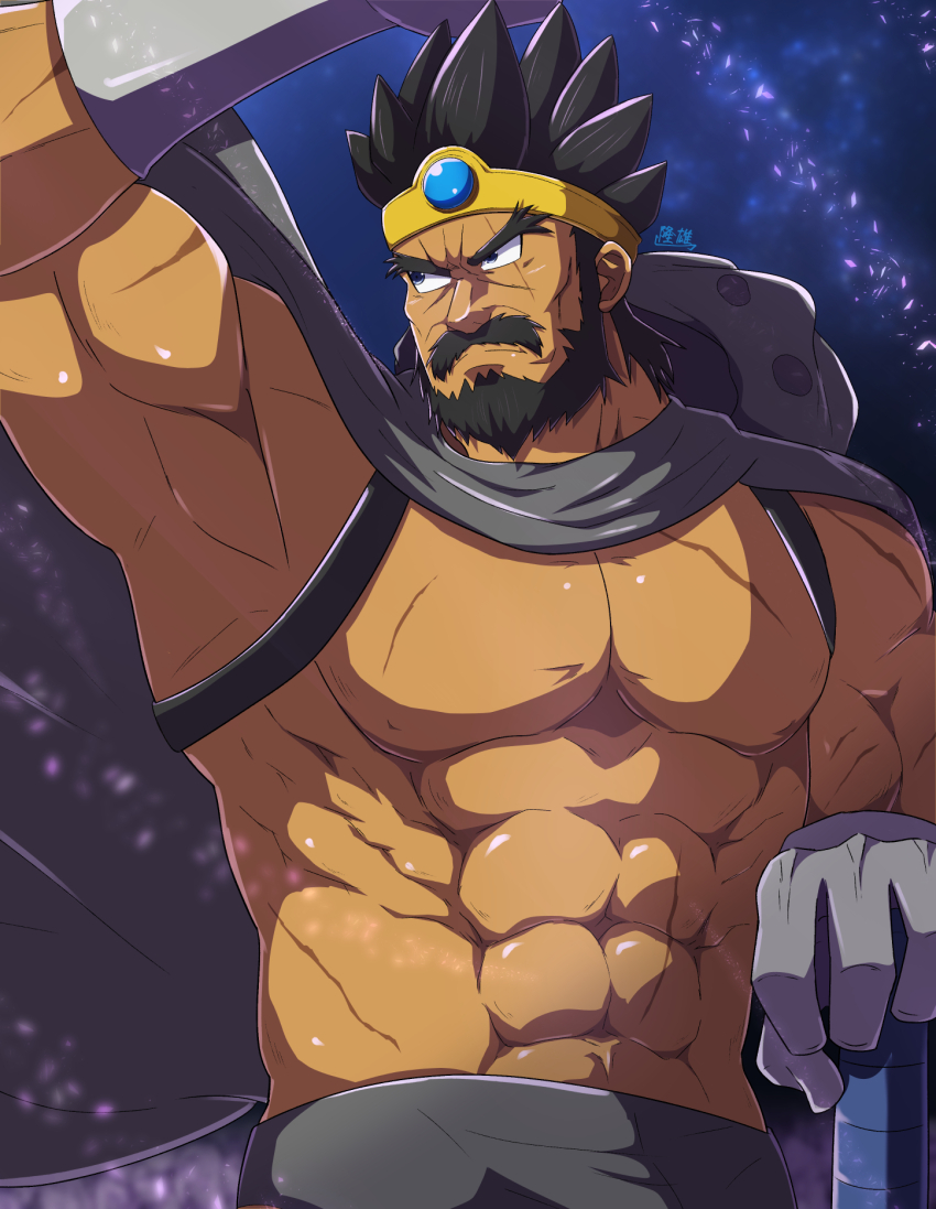 1boy abs arm_up beard black_facial_hair blue_eyes blue_gemstone cape circlet commentary_request dark-skinned_male dark_skin dragon_quest dragon_quest_iii facial_hair gem gloves gold_circlet grey_cape grey_gloves highres looking_to_the_side male_focus mature_male muscular muscular_male ortega_(dq3) scar scar_across_eye scar_on_chest scar_on_face solo spiked_hair topless_male upper_body zeff_ozaki