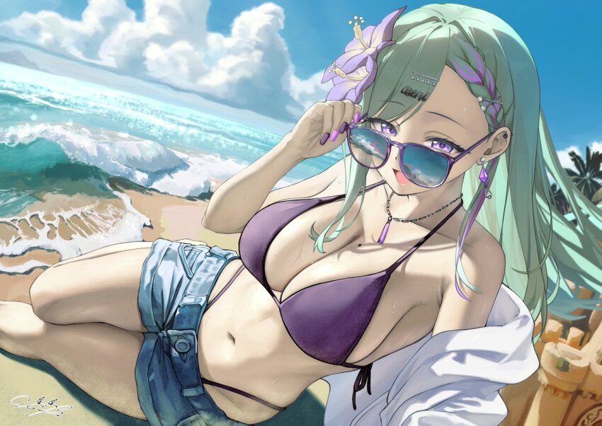 1girl :d beach bikini braid breasts collarbone commentary_request commission copyright_request denim denim_shorts flower green_hair hair_flower hair_ornament jewelry large_breasts long_eyelashes looking_at_viewer lying miroku_mosman mole mole_on_breast multicolored_hair narrowed_eyes navel necklace on_side open_mouth palm_tree purple_bikini purple_eyes reflection sand_castle sand_sculpture short_shorts shorts sidelocks skeb_commission smile solo streaked_hair sunglasses swimsuit tree water waves yakumo_beni