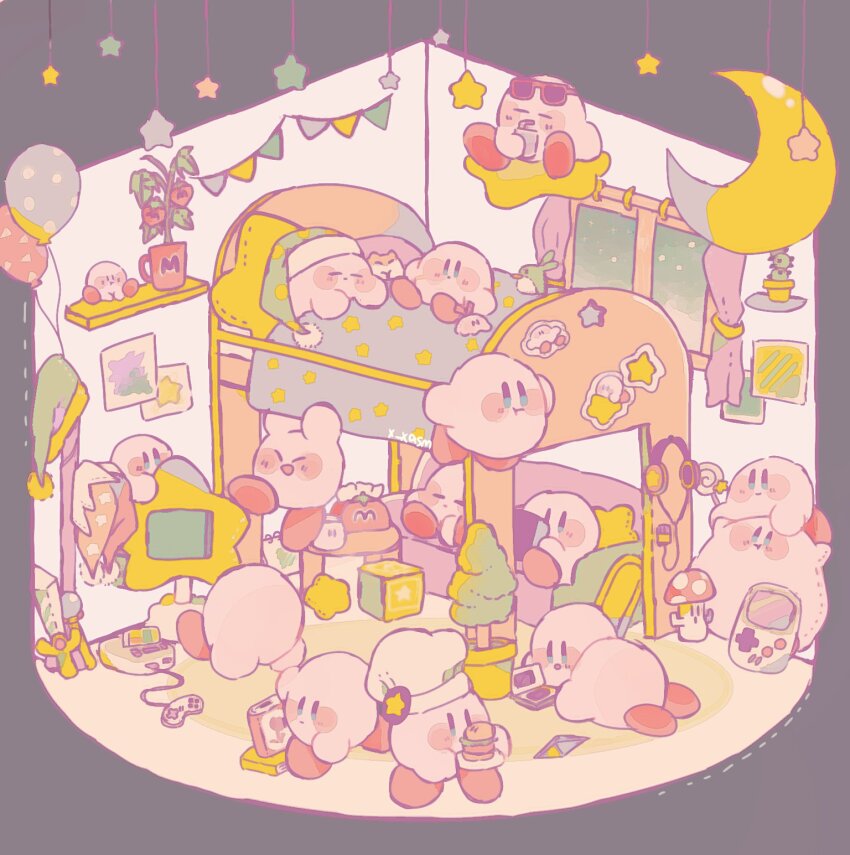 :d arms_up artist_name balloon bed blue_eyes blush blush_stickers book burger candy cappy_(kirby) chef_hat chuchu_(kirby) closed_eyes closed_mouth controller couch crescent_moon cup curtains cushion flower_pot food game_boy game_boy_(original) game_console game_controller green_headwear grey_background handheld_game_console hanging hat headphones highres holding holding_plate indoors invincible_candy kirby kirby_(series) kirby_cafe lollipop lying maxim_tomato moon night nightcap nintendo nintendo_ds no_(x_xasm) no_humans notepad on_stomach open_mouth paper pillow pitch_(kirby) plant plate potted_plant rick_(kirby) shelf simple_background sitting sleep_kirby sleeping smile star_(symbol) star_block star-shaped_pillow string_of_flags stuffed_toy sword table tomato_plant under_covers wand weapon white_headwear window