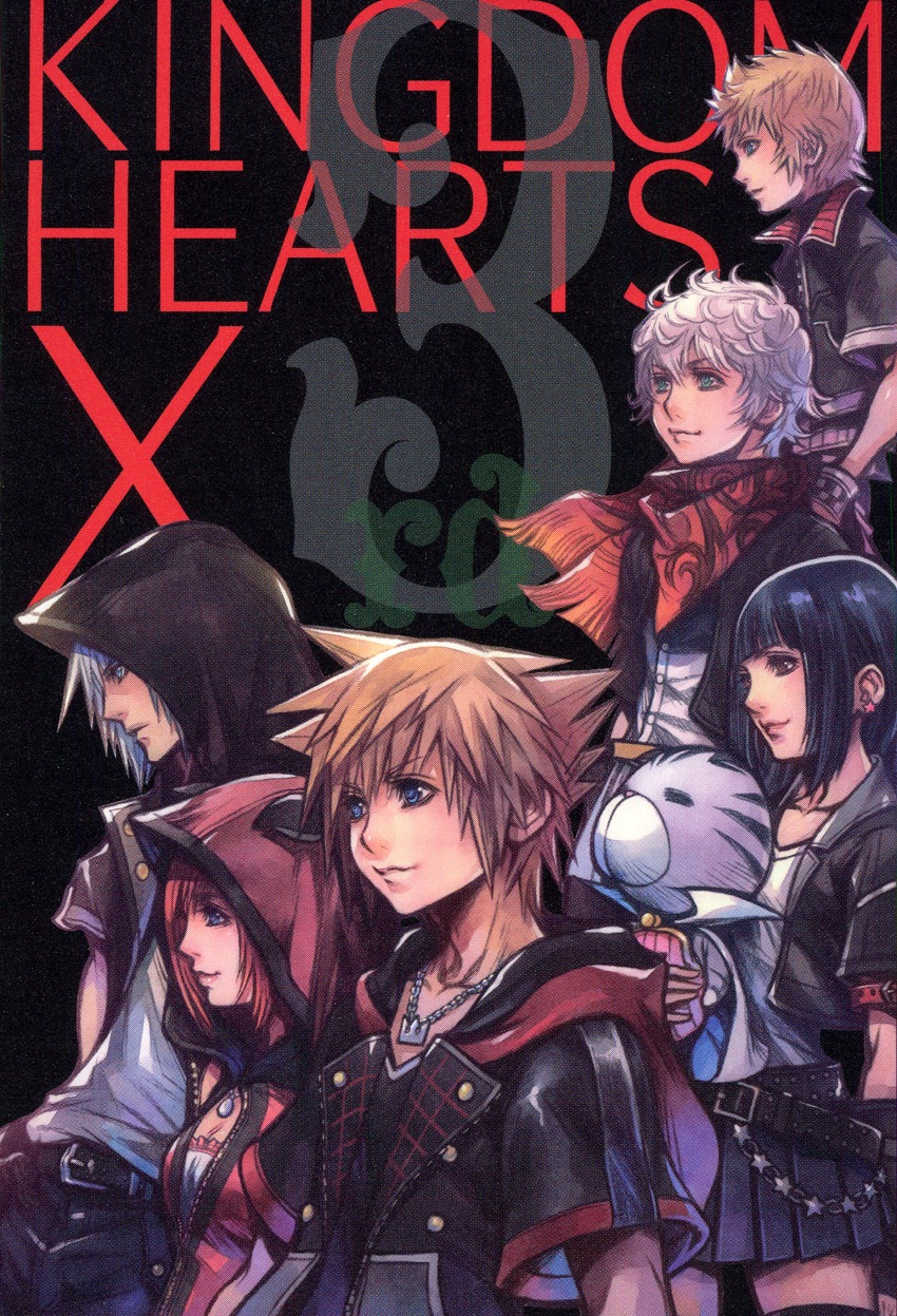 2girls 3boys absurdres anniversary belt black_background black_gloves black_hair black_jacket black_legwear black_shirt blouse blue_eyes blunt_bangs brown_eyes brown_hair cape chirithy closed_eyes copyright_name creature earrings ephemer_(kingdom_hearts) gloves green_eyes highres hood hoodie huge_filesize jacket jewelry kairi_(kingdom_hearts) kingdom_hearts kingdom_hearts_iii kingdom_hearts_unchained_x light_brown_hair long_hair multiple_boys multiple_girls necklace nomura_tetsuya official_art pants pink_jacket print_scarf red_hair red_scarf riku_(kingdom_hearts) scan scan_artifacts scarf shirt silver_hair simple_background skuld_(kingdom_hearts) smile sora_(kingdom_hearts) spiked_hair star_(symbol) star_earrings thighhighs ventus_(kingdom_hearts) white_cape white_pants white_shirt wristband
