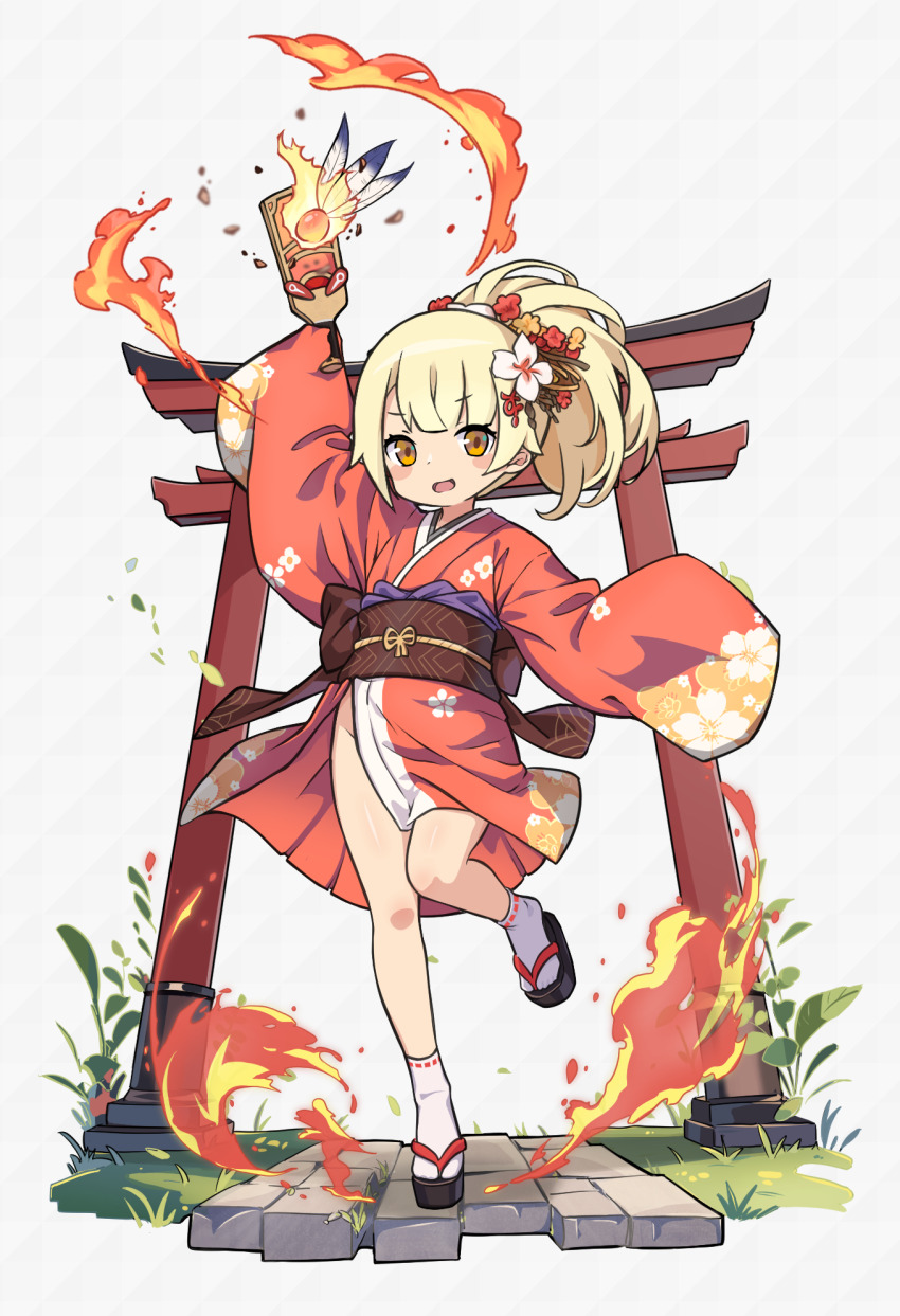 1girl blonde_hair blunt_bangs eyelashes full_body highres holding holding_paddle japanese_clothes kimono long_hair long_sleeves looking_at_viewer mwm5 no_panties obi open_mouth paddle red_kimono sash sleeves_past_fingers sleeves_past_wrists socks solo tor_leleni torii white_socks wide_sleeves world_flipper