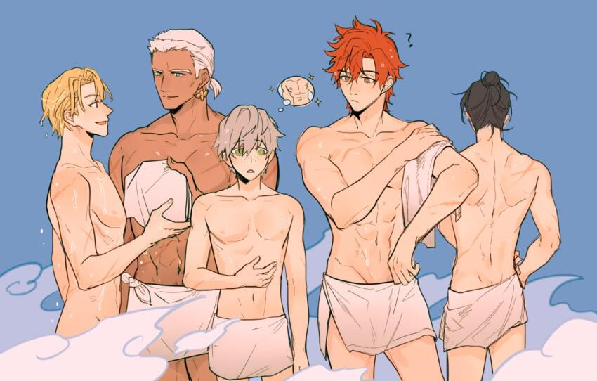 5boys ashe_ubert back black_hair blonde_hair brown_eyes convenient_censoring dark-skinned_male dark_skin dedue_molinaro dimitri_alexandre_blaiddyd felix_hugo_fraldarius fire_emblem fire_emblem:_three_houses green_eyes green_hair katsura_(guiyuy) male_focus multiple_boys muscular muscular_male nintendo red_hair steam sylvain_jose_gautier towel towel_around_waist wet white_hair yaoi