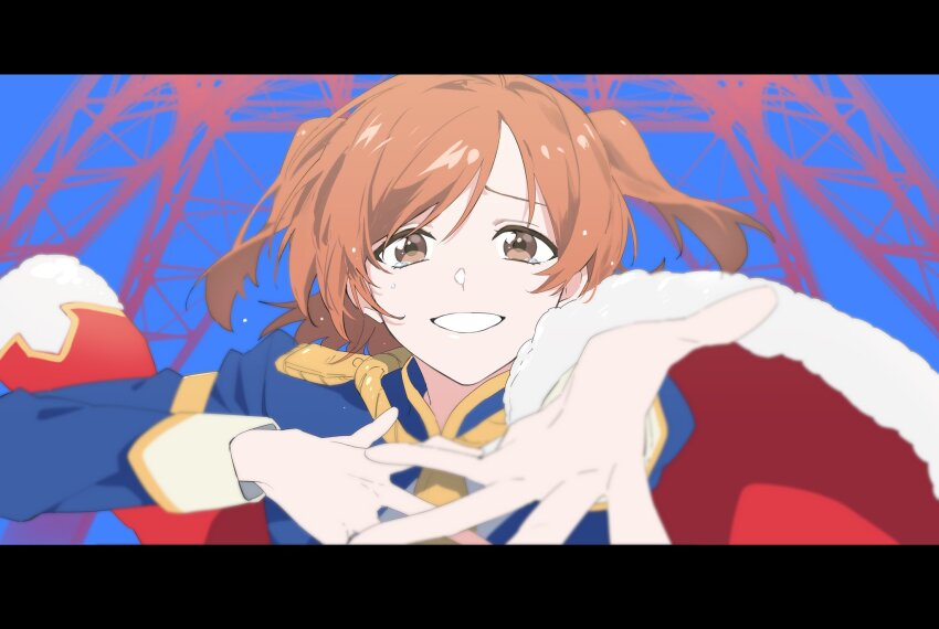 1girl aiguillette aijou_karen blue_background blue_jacket brown_eyes brown_hair collared_jacket crying crying_with_eyes_open foreshortening frost_krx7 fur-trimmed_jacket fur_trim grin hand_on_own_chest happy_tears highres jacket jacket_on_shoulders letterboxed long_sleeves looking_at_viewer medium_hair open_hand outstretched_arm outstretched_hand parted_bangs reaching reaching_towards_viewer red_background red_jacket short_twintails shoujo_kageki_revue_starlight shoulder_boards smile solo straight-on tears twintails two-tone_background upper_body white_sleeve_cuffs