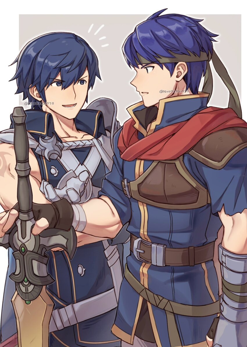 2boys blue_eyes blue_hair chrom_(fire_emblem) commentary_request fire_emblem fire_emblem:_path_of_radiance fire_emblem_awakening hand_on_hilt headband highres ike_(fire_emblem) male_focus multiple_boys nintendo nyo02921978 parted_lips ragnell short_hair super_smash_bros. sword twitter_username weapon