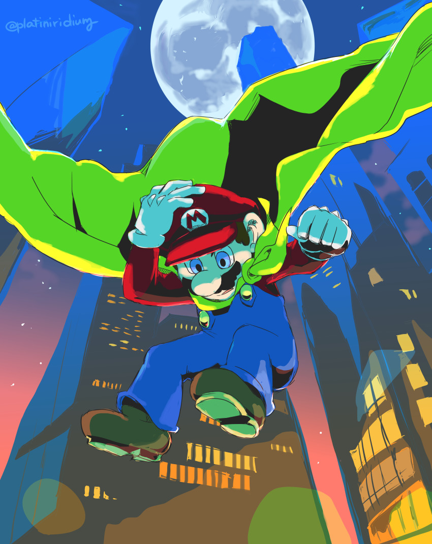 1boy absurdres blue_eyes building cape cape_mario city_lights facial_hair flying from_below full_moon gloves hat highres looking_down mario mario_(series) moon mustache night night_sky nintendo overalls platiniridium sky solo super_mario_world window yellow_cape