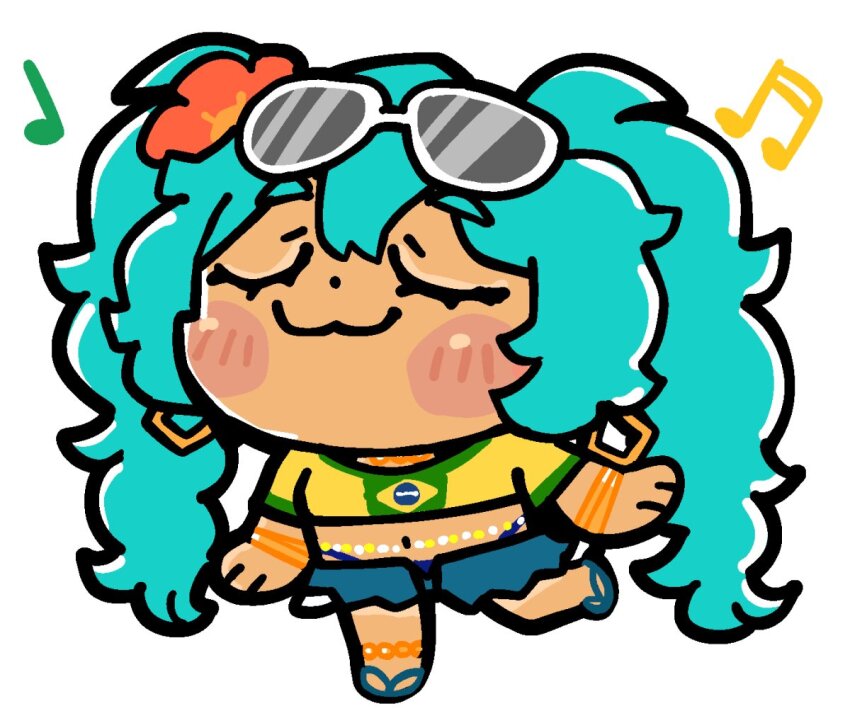 1girl :3 aqua_hair bkub blue_shorts blush_stickers bracelet brazilian_flag brazilian_flag_print brazilian_miku chibi chibi_only closed_eyes closed_mouth cutoffs denim denim_shorts dot_nose earrings eyewear_on_head flag_print flip-flops flower full_body green_shirt hair_flower hair_ornament hatsune_miku jersey jewelry long_hair musical_note navel necklace sandals shirt short_shorts shorts simple_background solo sunglasses tan tanline twintails very_long_hair vocaloid white_background yellow_shirt