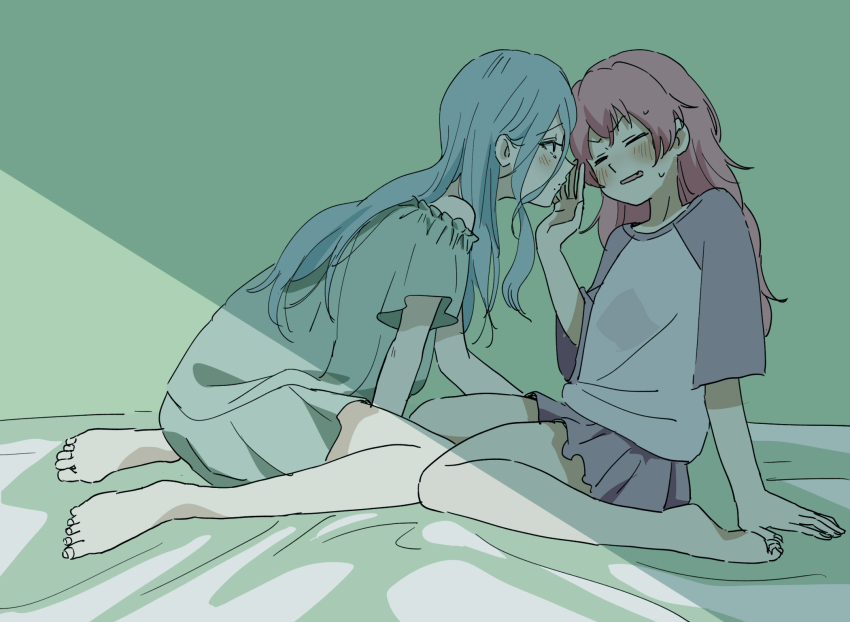 2girls barefoot blue_hair blush closed_eyes closed_mouth codeyamada dress fang green_dress grey_shirt highres hinomori_shizuku long_hair looking_at_another momoi_airi multiple_girls open_mouth pink_hair project_sekai shade shirt sweatdrop toes yuri