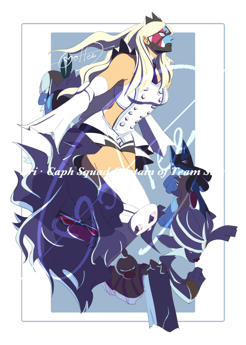 1girl absurdres annihilape bike_shorts blonde_hair border breasts cccacademia character_name closed_mouth commentary_request conkeldurr detached_sleeves eri_(pokemon) facepaint gen_3_pokemon gen_4_pokemon gen_5_pokemon gen_7_pokemon grey_background grey_eyes highres long_hair looking_up lucario medicham nintendo passimian pokemon pokemon_(creature) pokemon_sv sidelocks signature thighhighs vest white_border white_thighhighs white_vest
