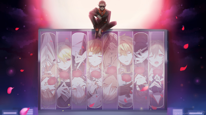 1other 2girls 6+boys ;p absurdres ahoge armor black_jacket black_pants blonde_hair bow bowtie breastplate brown_gloves brown_hair character_request check_character closed_eyes collared_shirt dark-skinned_male dark_skin dress_shirt ex_albio flower formal_clothes furen_e_lustario gloves grey_hair gwelu_os_gar gwelu_os_gar_(1st_costume) hair_between_eyes highres holding holding_flower ibrahim_(nijisanji) jacket kagami_hayato kuzuha_(nijisanji) melissa_kinrenka multiple_boys multiple_girls nijisanji ninahachi one_eye_closed pants parted_lips petals pinstripe_jacket pinstripe_pants pinstripe_pattern pointy_ears purple_hair red_bow red_bowtie red_eyes red_flower red_rose rose shirt sitting suit sunglasses takamiya_rion tongue tongue_out twitter_username upside-down virtual_youtuber white_gloves white_jacket white_shirt