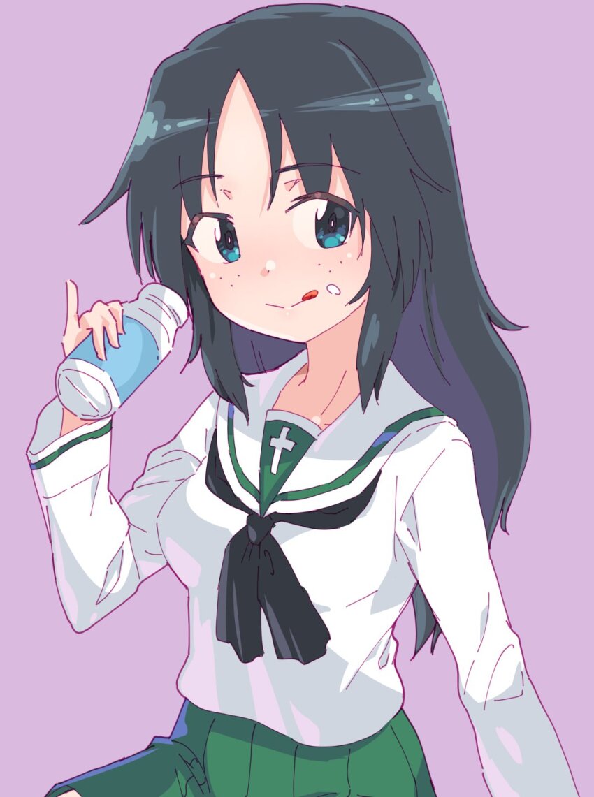 1girl black_hair blue_eyes blush bottle breasts closed_mouth freckles girls_und_panzer highres long_hair milk_bottle monolith_(suibou_souko) ooarai_school_uniform purple_background school_uniform simple_background small_breasts smile solo tongue tongue_out yamagou_ayumi