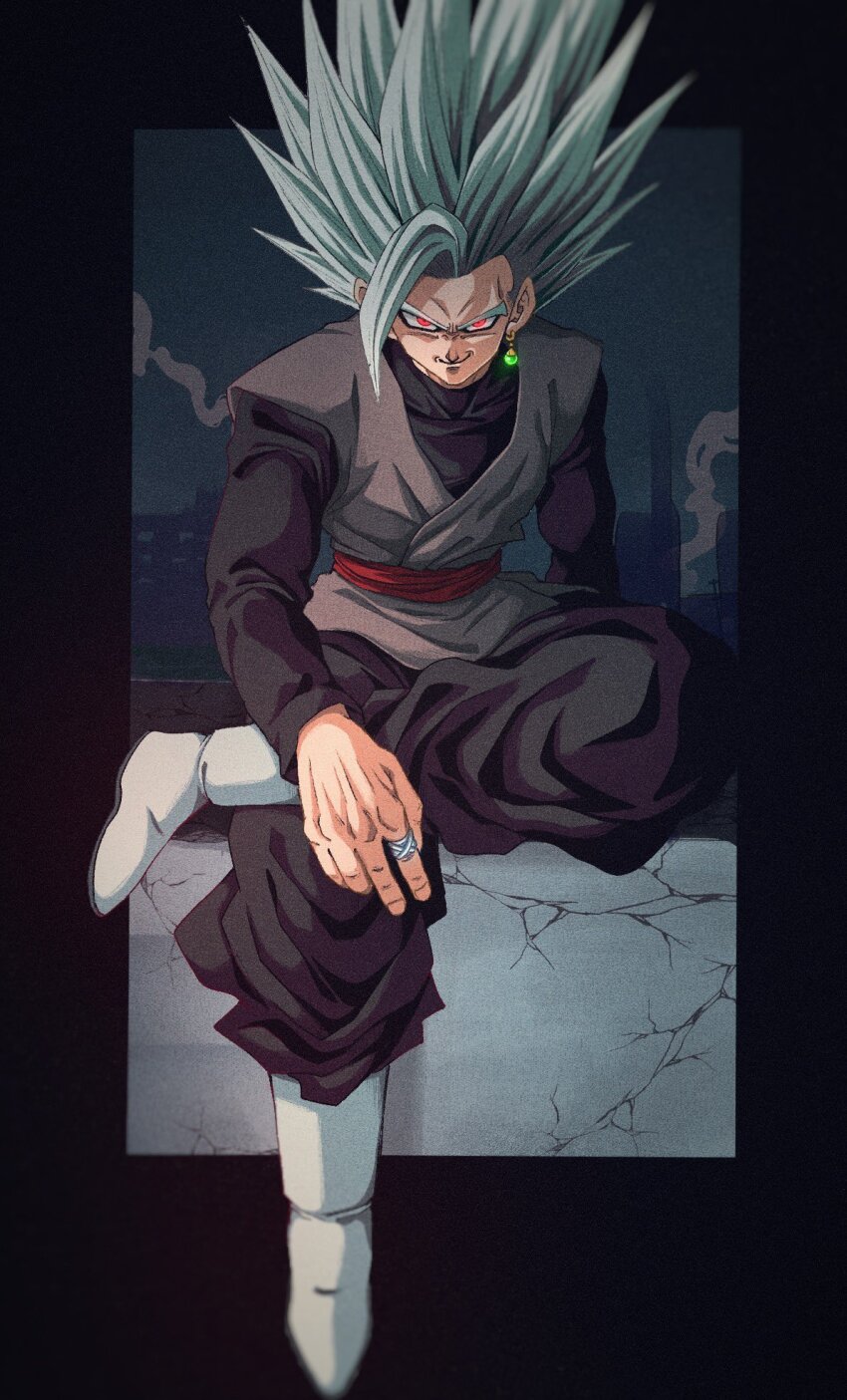 1boy black_border black_pants black_shirt border bure_(fantasticyouth7) crossed_legs dougi dragon_ball dragon_ball:_sparking! dragon_ball_super earrings full_body glowing gohan_beast gohan_black goku_black grey_hair grey_tunic highres jewelry long_hair male_focus pants potara_earrings red_eyes red_sash sash shirt single_earring sitting smug solo spiked_hair tunic