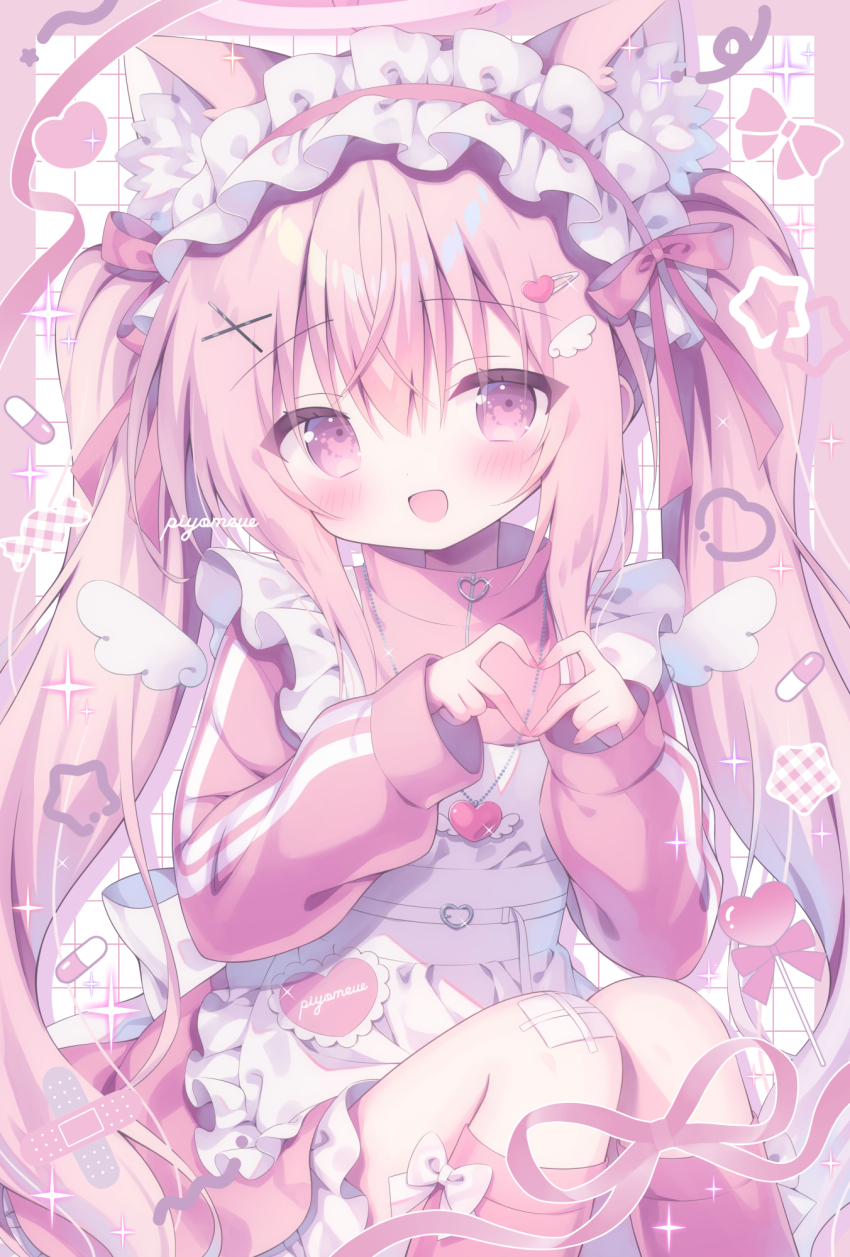 1girl :d animal_ear_fluff animal_ears apron bandaid blush border bow bow_legwear cat_ears dress frilled_apron frills grid_background hair_between_eyes hair_ornament hair_ribbon hairclip heart heart_hair_ornament heart_hands highres jacket jersey_maid jewelry kamishiro_piyo knees_up long_hair long_sleeves looking_at_viewer maid maid_apron maid_headdress open_mouth original outside_border patch pendant pill pink_border pink_dress pink_eyes pink_hair pink_ribbon pink_socks pink_theme ribbon sidelocks signature sleeves_past_wrists smile socks solo star_(symbol) striped_sleeves too_many turtleneck turtleneck_jacket twintails unconventional_maid very_long_hair white_apron white_bow white_wings wings x_hair_ornament