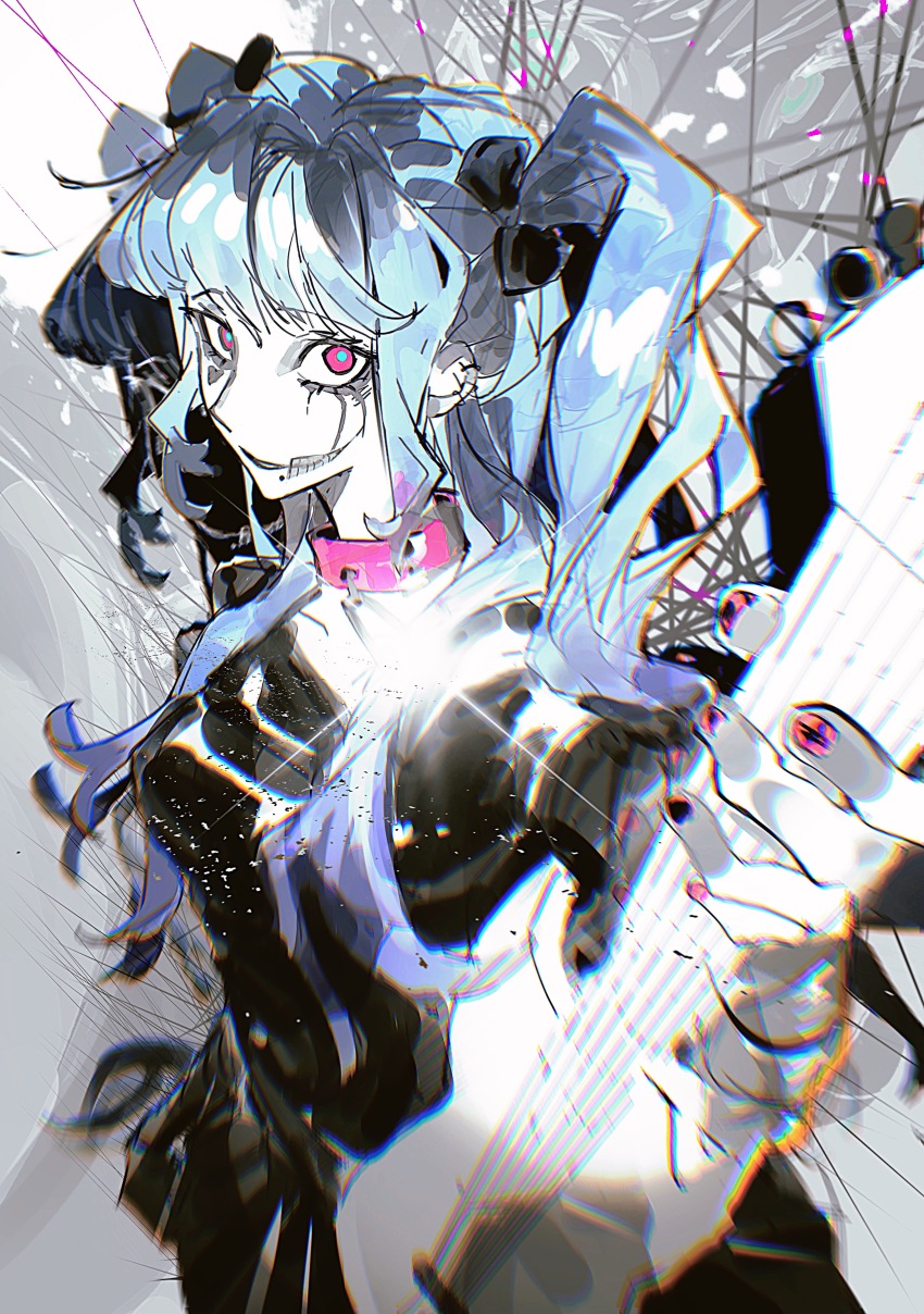 1girl absurdres amemiya_darumi black_dress black_hair blue_hair bow collar commentary dress grey_background guitar hair_bow highres holding holding_guitar holding_instrument instrument long_hair looking_at_viewer makeup multicolored_hair pink_collar pink_eyes pink_nails runny_makeup solo sun_glare symbol-only_commentary the_hundred_line_-last_defense_academy- twintails upper_body voltmeter_f