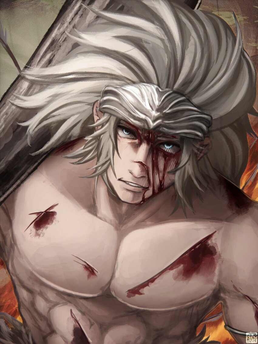 1boy abs aged_down beard blood blood_on_chest blood_on_face braid braided_beard club_(weapon) crown elden_ring facial_hair highres hoarah_loux holding holding_weapon injury long_hair looking_up muscular muscular_male over_shoulder pectorals satsu-strive solo topless_male weapon weapon_over_shoulder white_hair