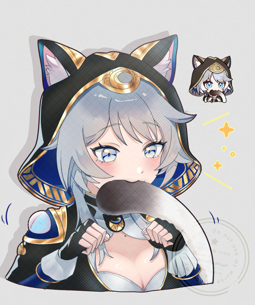 1girl :3 absurdres animal_ears black_gloves blue_eyes breasts cat_ears cat_tail chibi cipher_(honkai:_star_rail) cleavage fingerless_gloves flaw_(4lmnis) gloves grey_background grey_hair highres honkai:_star_rail honkai_(series) mole multiple_views tail upper_body