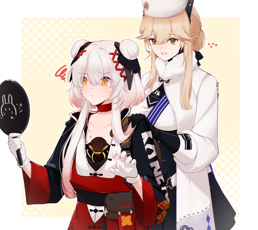 2girls bianca:_zero_(pgr) bianca_(pgr) chinese_buns dochikun highres image_sample karenina:_scire_(march_hare)_(pgr) karenina:_scire_(pgr) karenina_(pgr) mirror multiple_girls official_alternate_costume pixiv_sample punishing:_gray_raven