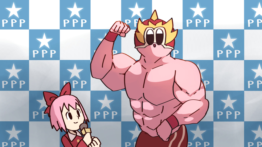 1boy 1girl absurdres bow checkered_background hair_bow hair_ribbon highres kirby kirby_(series) kirby_fighters_2 luchador_mask mask microphone muscular muscular_male nintendo parody pink_hair rhythm_tengoku ribbon ribbon_(kirby) shiburingaru short_hair