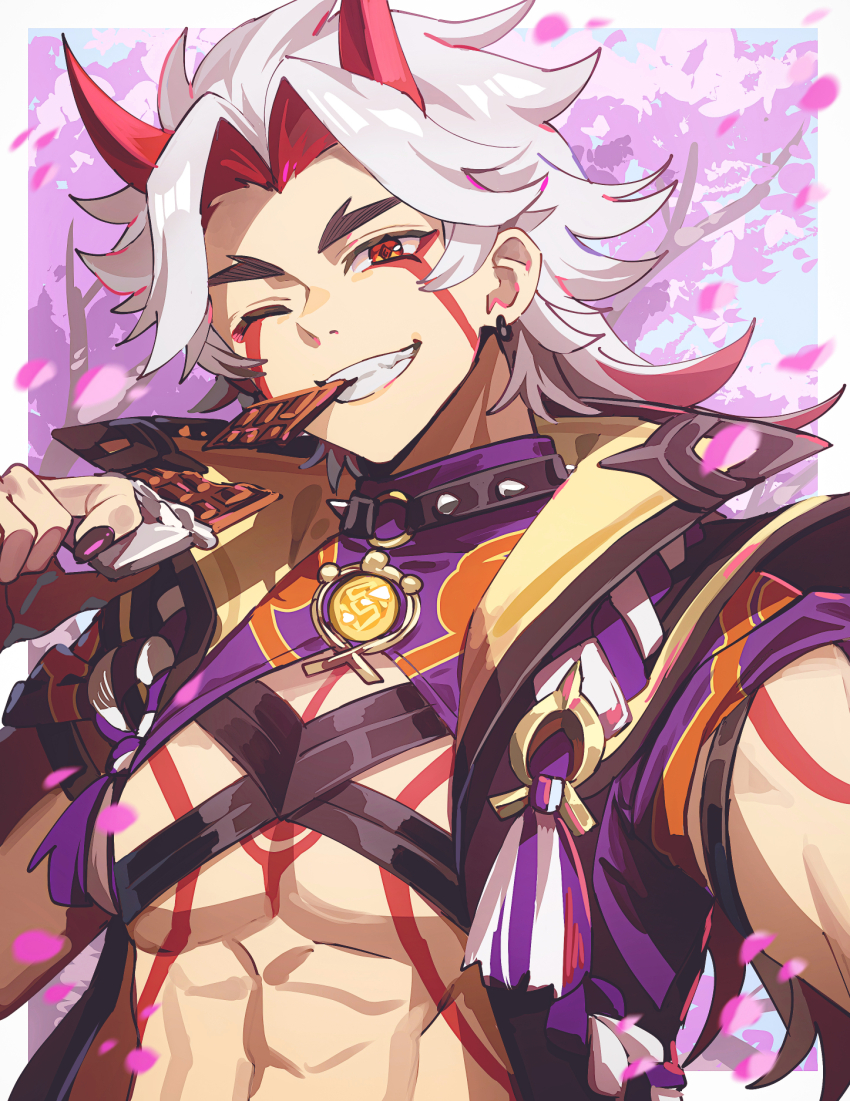 1boy arataki_itto black_nails body_markings candy cherry_blossoms chocolate chocolate_bar commentary_request earrings eating falling_petals food food_in_mouth genshin_impact geo_symbol_(genshin_impact) grin highres horns jewelry looking_at_viewer male_focus multicolored_hair nail_polish one_eye_closed oni outdoors petals red_eyes red_hair red_horns shibuki_kamone short_hair smile solo toned toned_male upper_body vision_(genshin_impact) white_hair