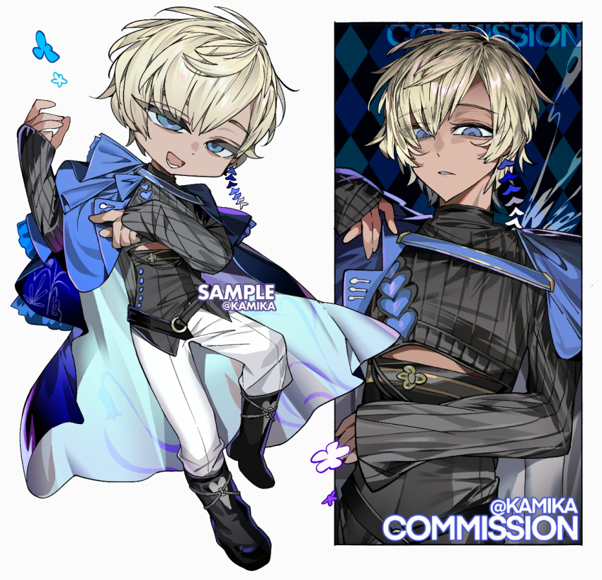 1girl ahoge belt black_belt black_boots black_shirt blonde_hair blue_background blue_butterfly blue_cape blue_eyes boots bug butterfly cape chibi commission crop_top dark_skin detached_eyes diamond_(shape) earrings english_text floating full_body glowing glowing_eyes gradient_background hair_between_eyes hand_on_own_shoulder hand_up hood insect jewelry kamika knee_boots leaning_forward long_eyelashes looking_at_viewer messy_hair midriff multiple_views no_lineart open_mouth original outstretched_arm painterly pants parted_bangs portrait reaching reference_sheet sample_watermark shirt short_hair simple_background single_earring sketch sleeveless sleeveless_shirt smile smug solo split_crop symbol-shaped_pupils tassel tassel_earrings tsurime upper_body watermark white_background white_pants x-shaped_pupils