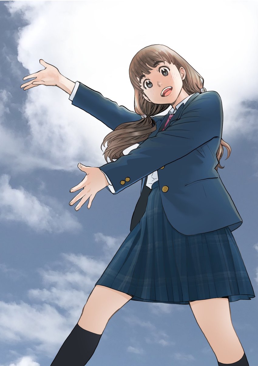 1girl black_socks blue_skirt brown_hair cloud cloudy_sky from_below highres kimi_wa_sukinosaurus kneehighs looking_at_viewer looking_down low_twintails official_art open_mouth outdoors outstretched_arms school_uniform sekiguchi_taro shiraishi_momiji skirt sky socks solo twintails