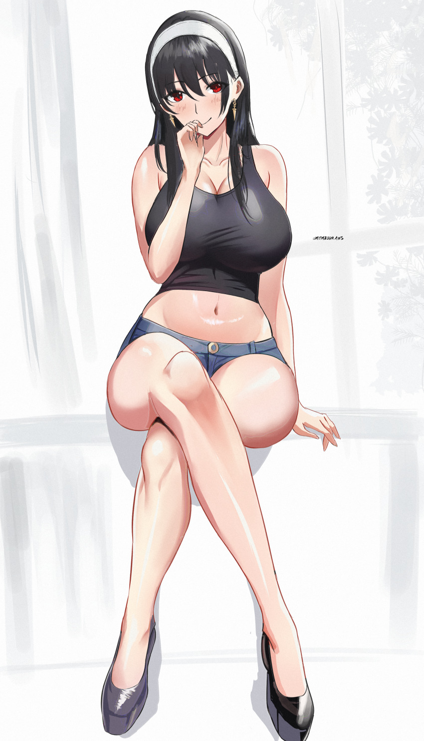 1girl absurdres bare_legs bare_shoulders black_hair black_tank_top blue_shorts blush breasts cleavage closed_mouth collarbone crop_top crossed_legs denim denim_shorts earrings full_body gold_earrings hair_down hairband hand_up highres jewelry large_breasts long_hair looking_at_viewer midriff mymzi navel red_eyes shoes short_shorts shorts sitting smile solo spy_x_family stomach tank_top thighs white_hairband window yor_briar