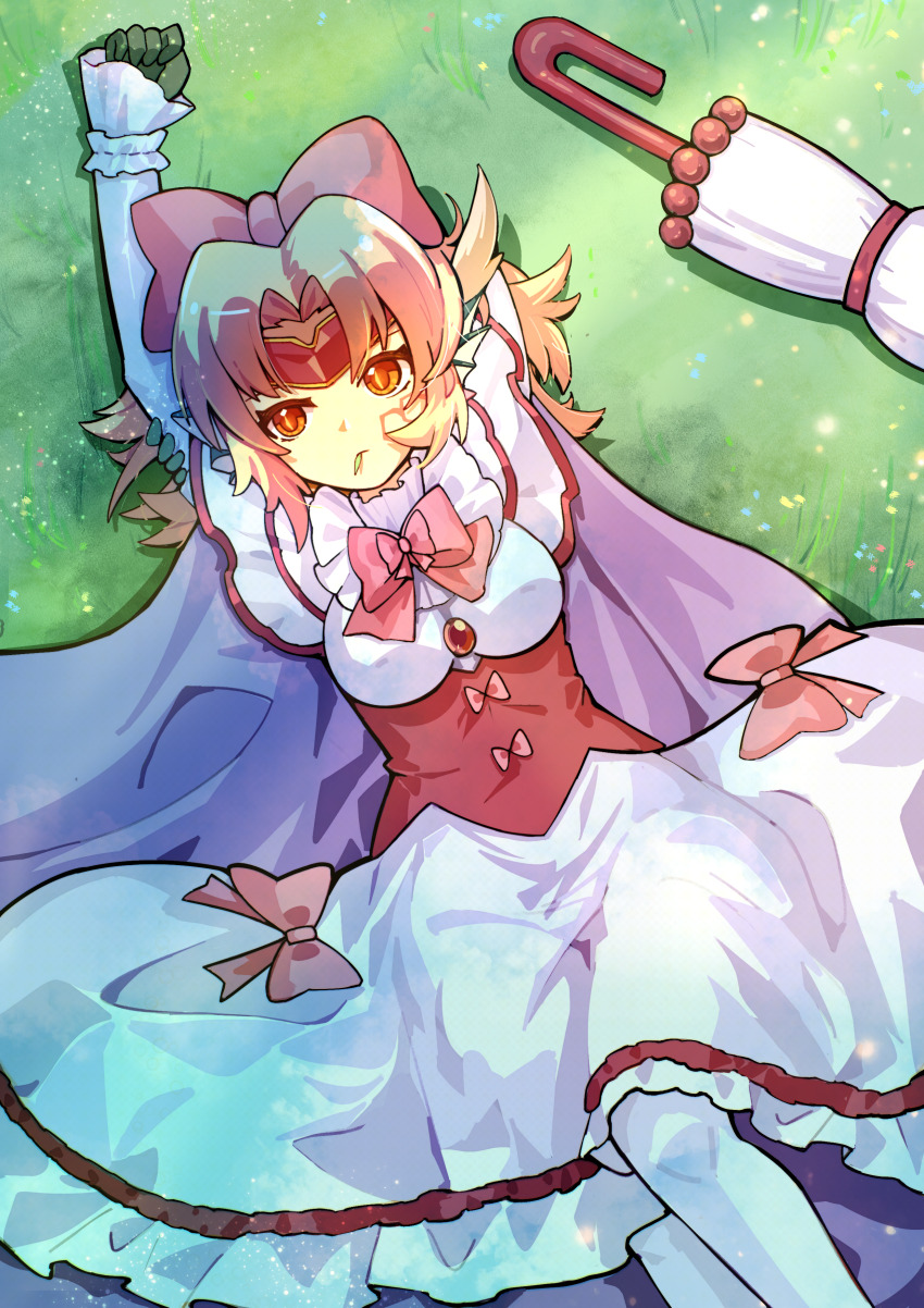 1girl absurdres animal_ears arm_up blonde_hair bow breasts chinese_commentary closed_mouth colored_skin commentary_request corset dhy-232 dragon_ears dragon_girl dress facial_tattoo feet_out_of_frame forehead_protector granberia grass green_skin hair_bow highres large_breasts looking_to_the_side lying magical_girl mon-musu_quest! mon-musu_quest:_paradox monster_girl mouth_hold multicolored_skin official_alternate_costume official_alternate_hair_color on_back pink_bow pink_corset short_hair slit_pupils solo spoilers stalk_in_mouth tattoo thighhighs two-tone_skin umbrella veil white_dress white_thighhighs white_umbrella yellow_eyes yellow_skin