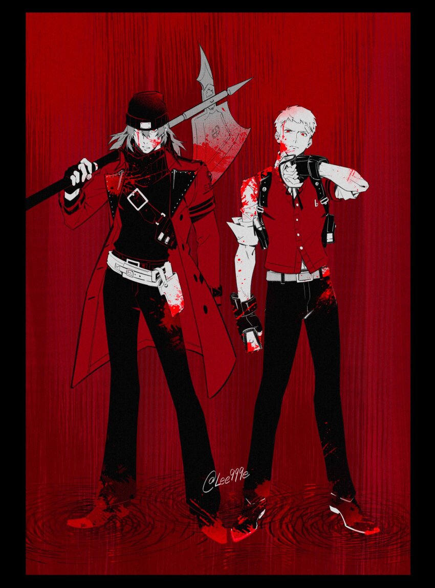 2boys absurdres aragaki_shinjirou axe beanie belt black_gloves black_pants black_shirt blood blood_on_clothes blood_on_face blood_on_shoes blood_splatter bloody_weapon brass_knuckles buttons coat evoker fingerless_gloves frown gloves gun hat highres holding holding_axe holster lee999nine limited_palette long_hair male_focus multiple_boys official_alternate_costume open_clothes open_coat over_shoulder pants persona persona_3 persona_3_reload red_background red_coat red_eyes red_sweater_vest ripples s.e.e.s sanada_akihiko scowl shirt short_hair sleeves_rolled_up standing sweater_vest trench_coat turtleneck weapon weapon_over_shoulder white_hair white_shirt